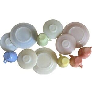 6" Vintage Hazel Atlas Little Hostess Child TeaSet Pastel Platonite Cups Saucers